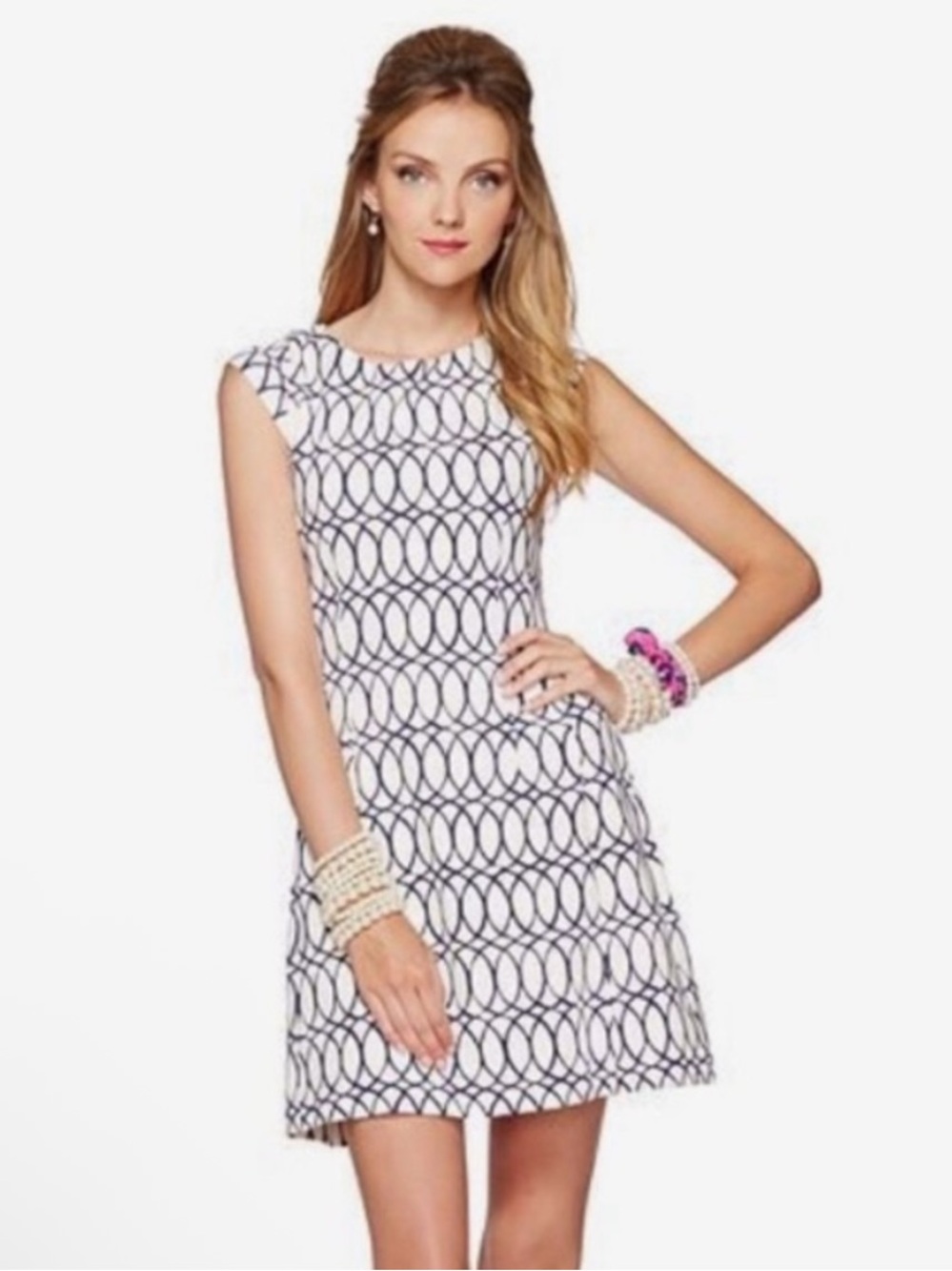 Lilly Pulitzer Briella white and navy cap sleeve fit and flare mini dress